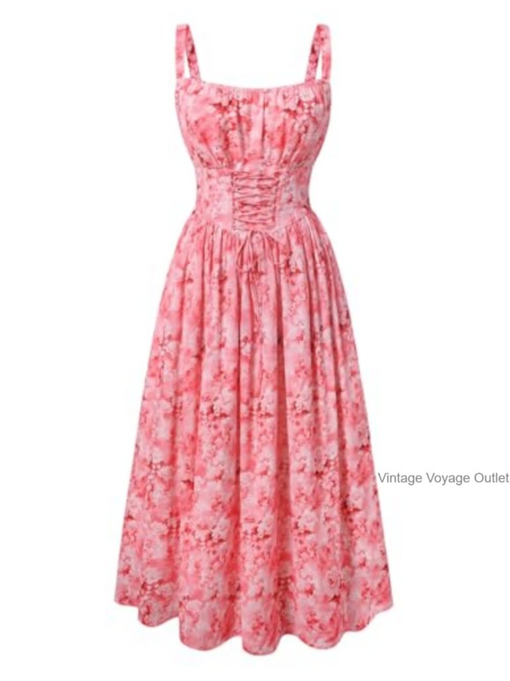 Floral Chiffon Maxi Dress with Pockets Lace-Up Corset Smocked Back Sundress